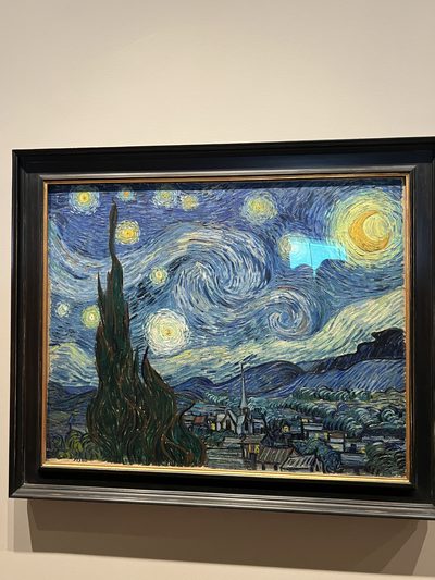 Van Gogh's painting The Starry Night hanging in a gallery, its swirling blue night sky and dark cypress tree set in a black frame